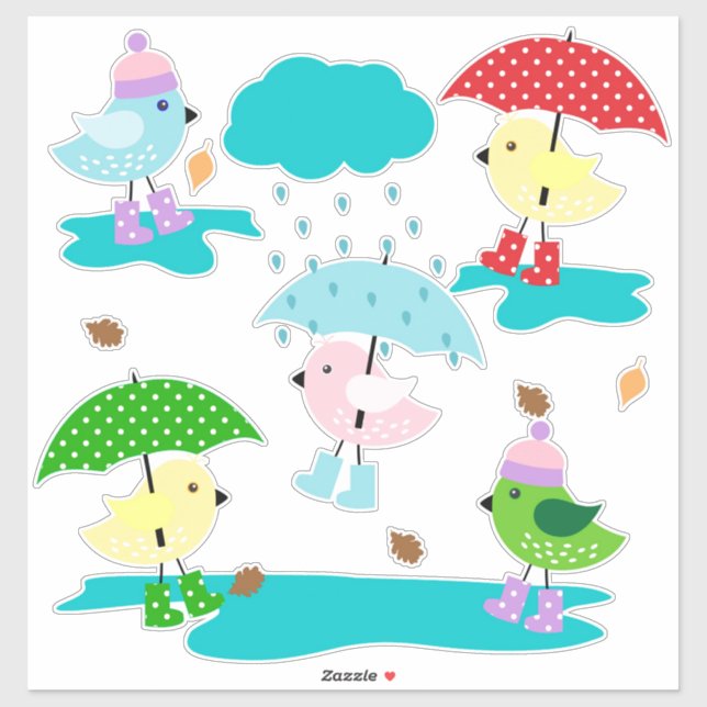 Enten im Regen mit Regenschirmen und Regenstiefeln Aufkleber (Blatt)
