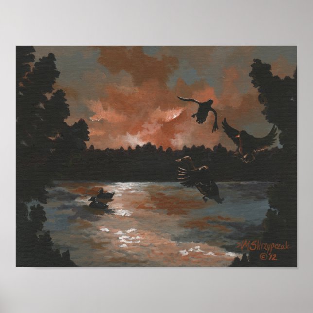 Enten im Teich bei Sonnenuntergang Poster (Vorne)