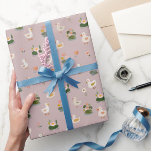 Enten & Seerosen auf Hellgrau-Rosa Geschenkpapier