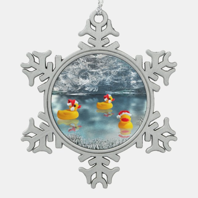 Enten-Weihnachten Schneeflocken Zinn-Ornament (Vorderseite)
