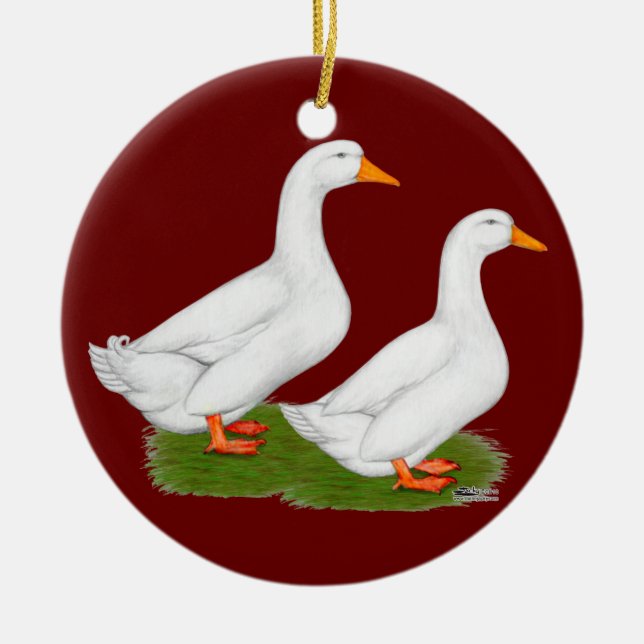 Enten: Weiße Pekins Keramik Ornament (Vorne)