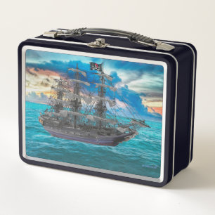 ENTFALTETES PIRATEN SCHIFF BEI SONNENUNTERGANG METALL BROTDOSE