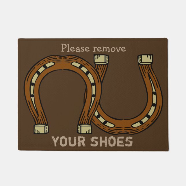 "Entfernen Sie bitte Ihre Schuhe" mit Hufeisen Fußmatte (Vorderseite)