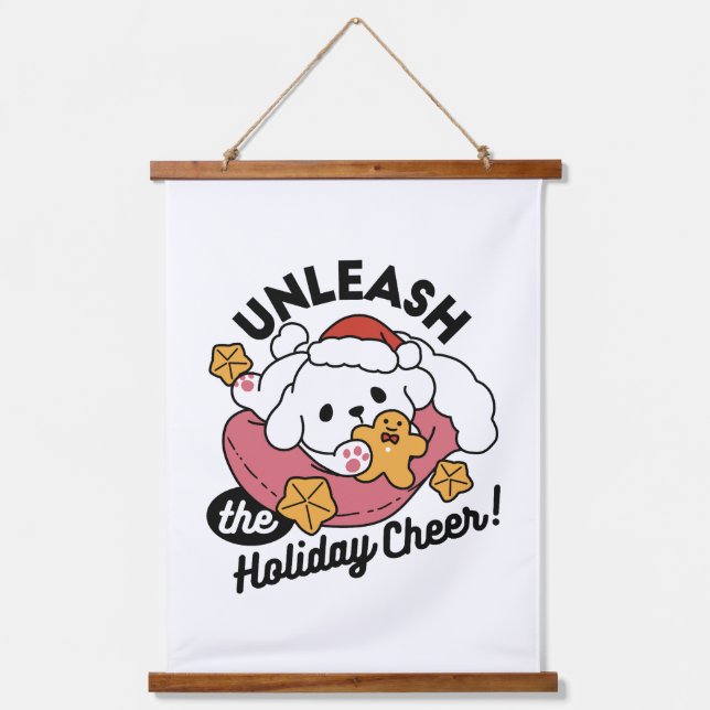 Entfesseln Sie den Holiday Cheer - Niedliche Hunde Wandteppich Mit Holzrahmen (Vorderseite)
