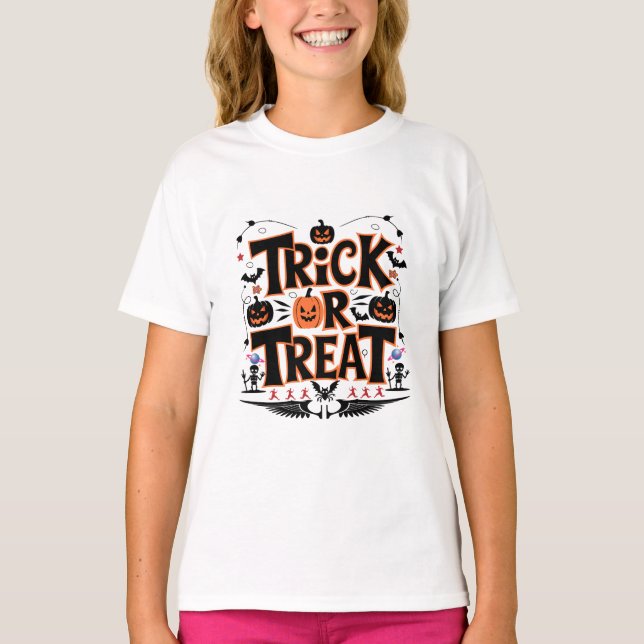 Entfesseln Sie Halloween Spaß mit Trick oder Treat T-Shirt (Vorderseite)