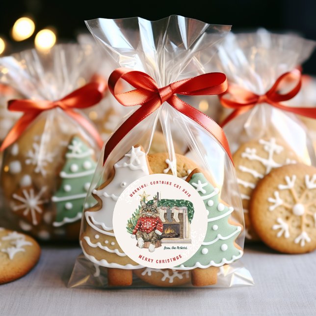 Enthält Cat Hair Funny Christmas Personalisiert Runder Aufkleber (Von Creator hochgeladen)