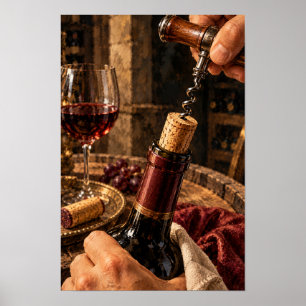 Entkorken einer Rotweinflasche – Rustikales Wein-S Poster