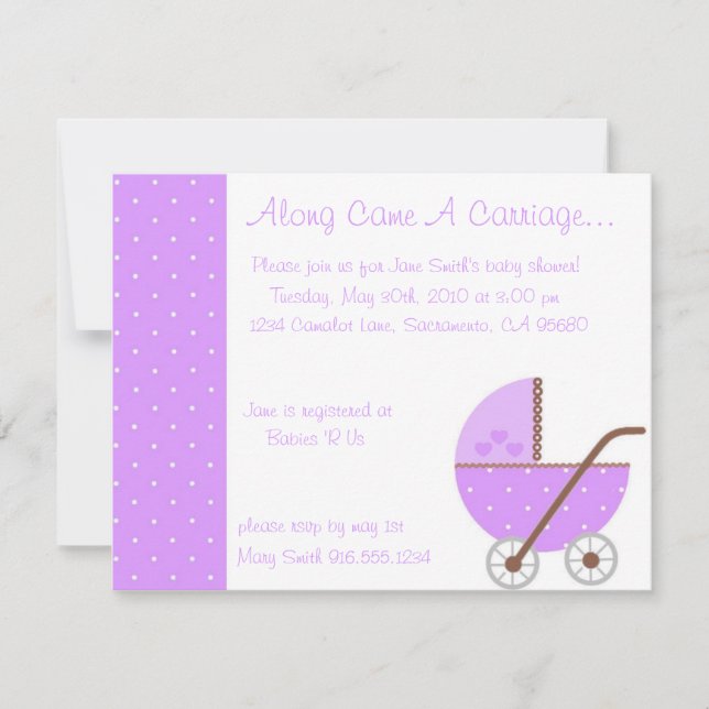 Entlang der Carriage Lila Baby Shower Einladung (Vorderseite)