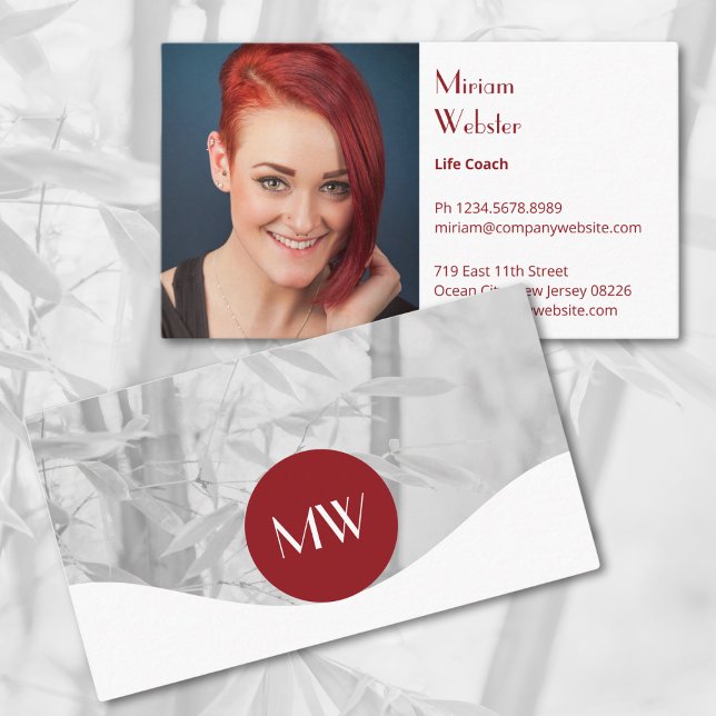 Entraîneur de vie professionnelle Carte de visite  (Professional Life Coach Personal Business Card, Profile Photo, Initials, Red & White)