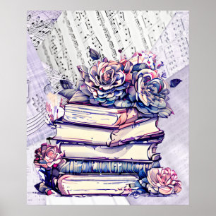 Entrinnen Stapel alter Vintage-Bücher mit Rosen Poster