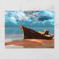 Entsandtes Boot an einem verschollenen Sandstrand