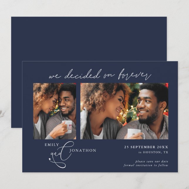 Entscheidet sich für Forever Script 2 Fotos Navy W Save The Date (Vorne/Hinten)