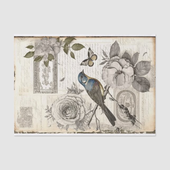 Entschlüsselung des Vintagen Vogelblumentextes Seidenpapier (Vorderseite)