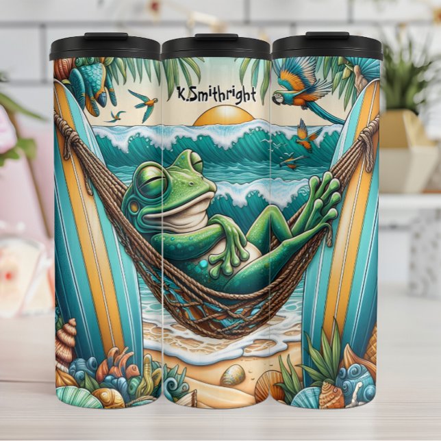 Entspannender Frog in der Strandhaube Thermosbecher (Von Creator hochgeladen)