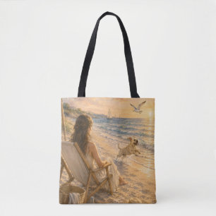 Entspannender Strandtag Hund Wasserfarben Kunst Tasche