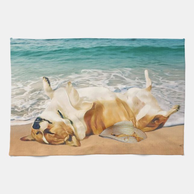 EntspannenwaliserCorgi auf dem Strand Geschirrtuch (Horizontal)