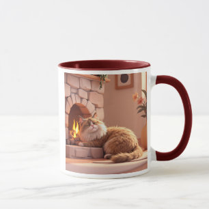 Entspannte Katze am Steinkamin. Tasse