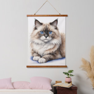 Entspannte Ragdoll Katze Illustration Gemütliches  Wandteppich Mit Holzrahmen
