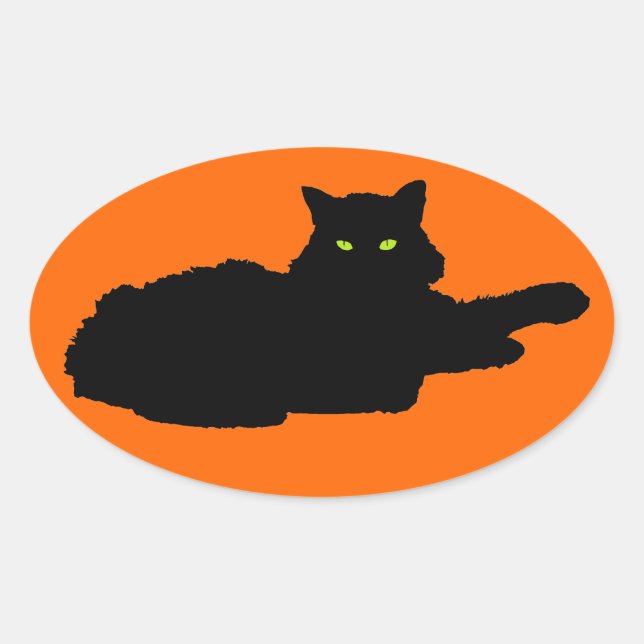Entspannte Schwarze Katze Silhouette auf Orange Ovaler Aufkleber (Vorderseite)