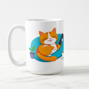 Entspannter Cartoon-Kater mit Fernbedienung Kaffeetasse