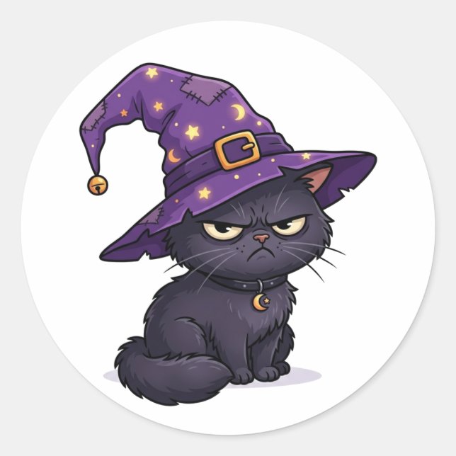 Entspanntes Hexengesicht Grumpy Schwarze Katze Hal Runder Aufkleber (Vorderseite)