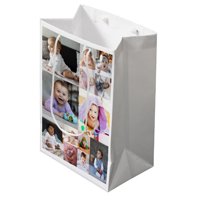 Entwerfen Sie Ihre eigene 13 FotoCollage Mittlere Geschenktüte (Vorderseite Schrägansicht)
