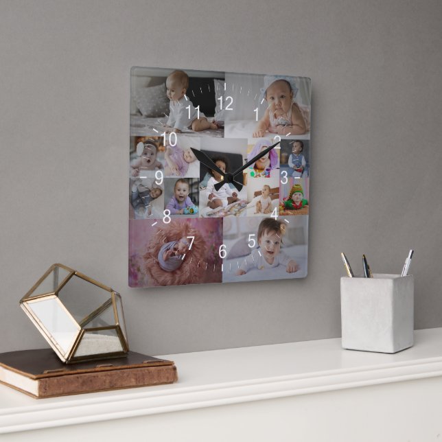 Entwerfen Sie Ihre eigene 13 FotoCollage Quadratische Wanduhr (Büro)