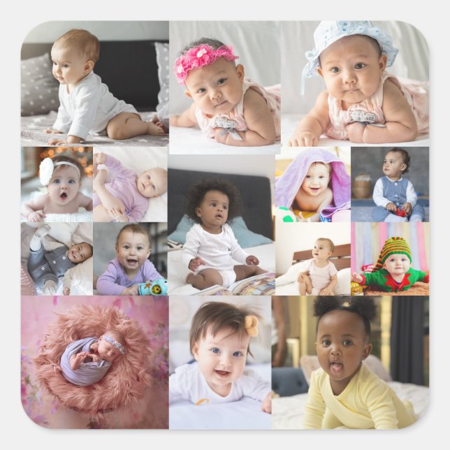 Entwerfen Sie Ihre eigene 15 FotoCollage Quadratischer Aufkleber (Vorderseite)