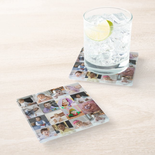 Entwerfen Sie Ihre eigene 16 FotoCollage Glasuntersetzer (Schrägansicht)