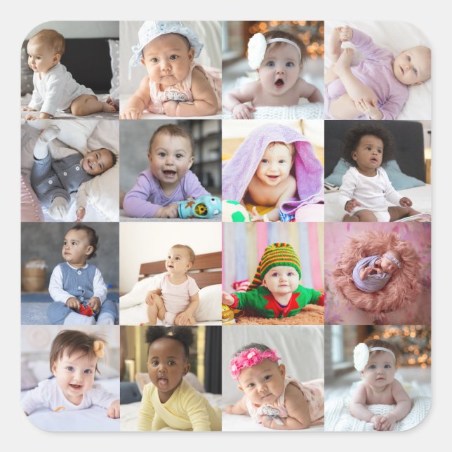 Entwerfen Sie Ihre eigene 16 FotoCollage Quadratischer Aufkleber (Vorderseite)