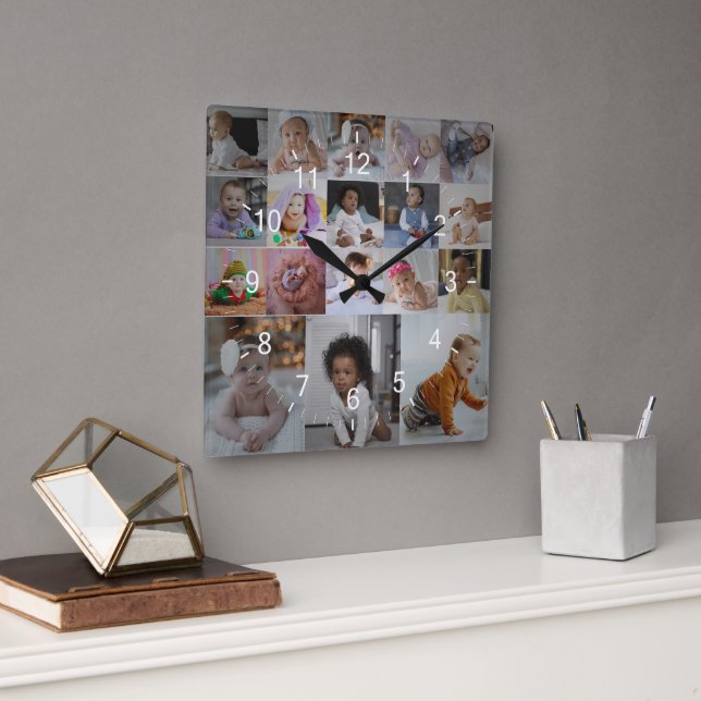 Entwerfen Sie Ihre eigene 18 FotoCollage Quadratische Wanduhr (Büro)