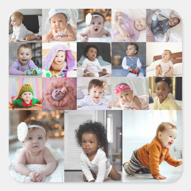 Entwerfen Sie Ihre eigene 18 FotoCollage Quadratischer Aufkleber (Vorderseite)