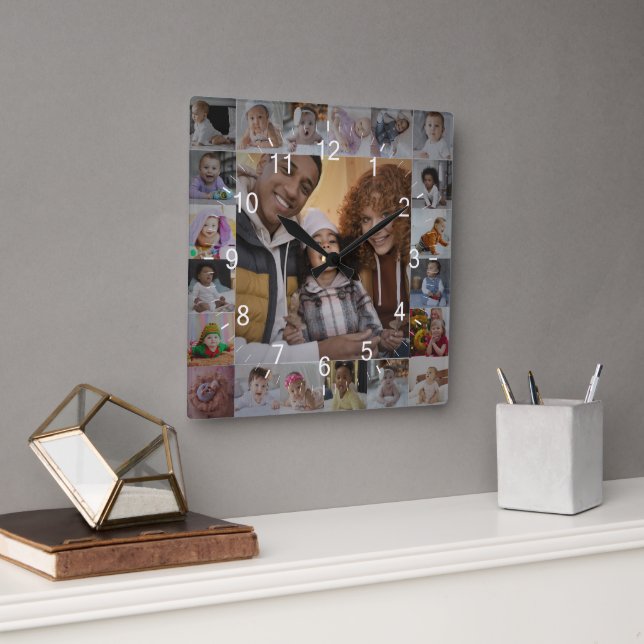Entwerfen Sie Ihre eigene 21 FotoCollage Quadratische Wanduhr (Büro)