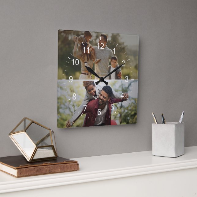 Entwerfen Sie Ihre eigene 2-FotoCollage Quadratische Wanduhr (Büro)