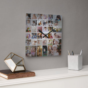 Entwerfen Sie Ihre eigene 35 FotoCollage Quadratische Wanduhr