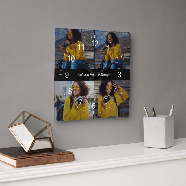Entwerfen Sie Ihre eigene 4-FotoCollage Quadratische Wanduhr (Büro)