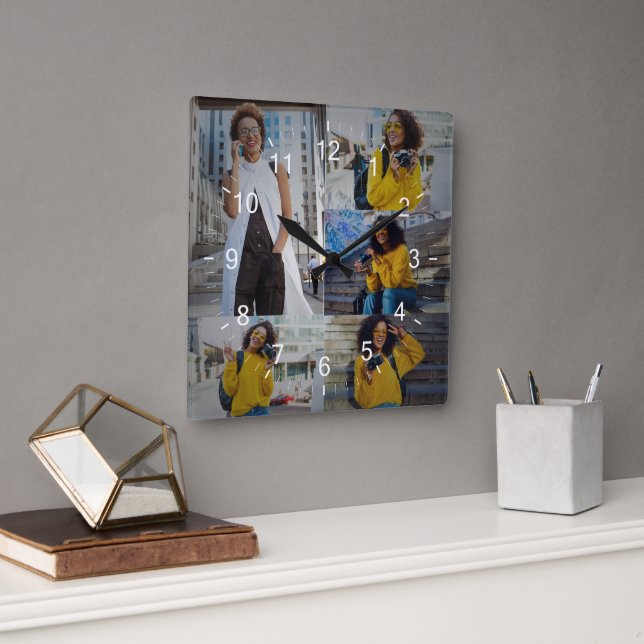 Entwerfen Sie Ihre eigene 5-FotoCollage Quadratische Wanduhr (Büro)