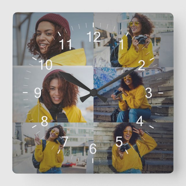 Entwerfen Sie Ihre eigene 6 FotoCollage Quadratische Wanduhr (Vorderseite)