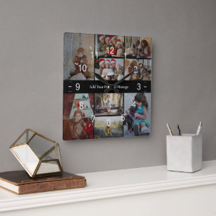 Entwerfen Sie Ihre eigene 9 FotoCollage Quadratische Wanduhr