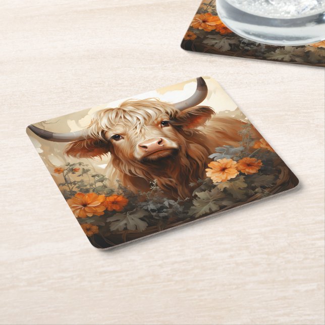 Entwurf einer floralen Highland Cow-Serie 2 Rechteckiger Pappuntersetzer (angewinkelt)