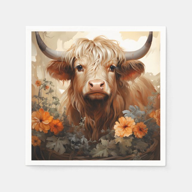 Entwurf einer floralen Highland Cow-Serie 2 Serviette (Vorderseite)
