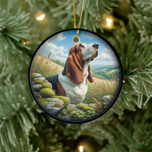 Entzückende Basset-Hound-Szene Keramik Ornament