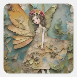 Entzückende Feen-Mixed-Media-Collage Quadratischer Aufkleber