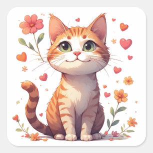 Entzückende glückliche Katze mit Herzen und Blumen Quadratischer Aufkleber