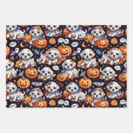 Entzückende Halloween-Welpen und -Kätzchen Aquarel Geschenkpapier Set