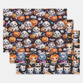 Entzückende Halloween-Welpen und -Kätzchen Aquarel Geschenkpapier Set