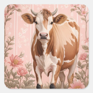 Entzückende Jersey-Kuh Rosa Floral Quadratischer Aufkleber