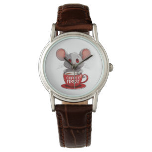 Entzückende Kaffe Maus in roter Tasse Armbanduhr