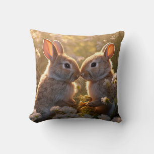 Entzückende Kaninchen im Frühlingswiesen-Design Kissen