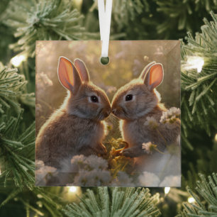 Entzückende Kaninchen im Frühlingswiesen-Design Ornament Aus Glas